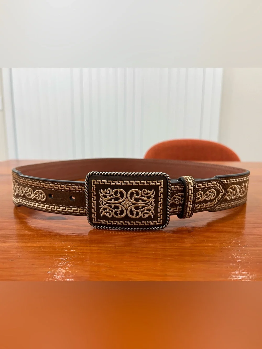 New Nocona Brown Leather Belt with Cream Embroidered Scroll Buckle